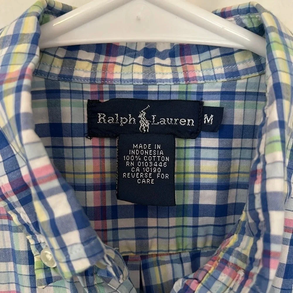 Ralph Lauren blue plaid button-down shirt size medium 10-12 short sleeve